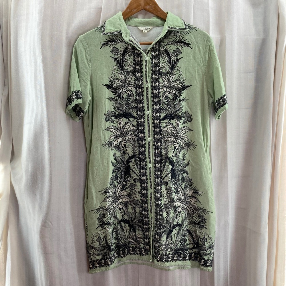 MAX STUDIO LONDON Green Tropical Button Front Shirt Dress S Linen Blend Boho‎